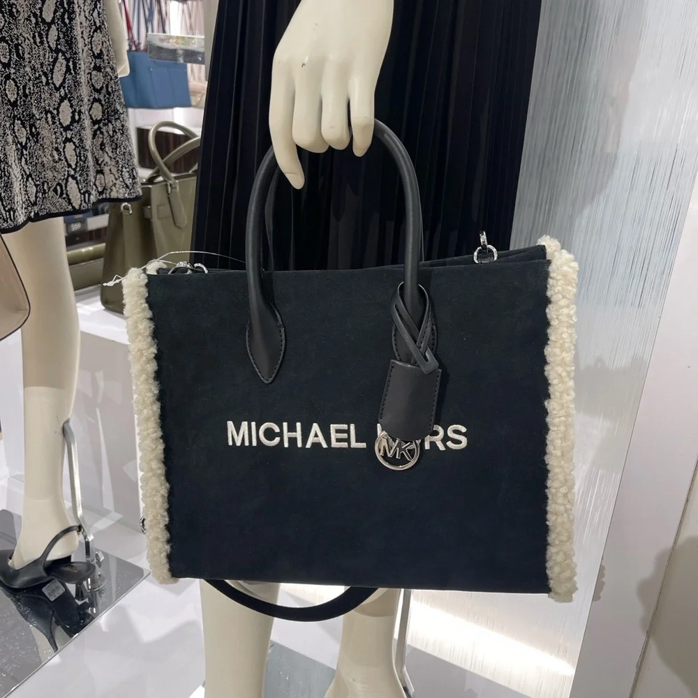 MICHAEL KORS Mirella Medium Suede and Faux Shearling Tote Bag Black  NWT